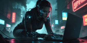 Through the haze of industrial smoke and glowing neon signs, a m...