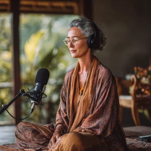 An woman meditation coach is seated before a microphone in a tra...