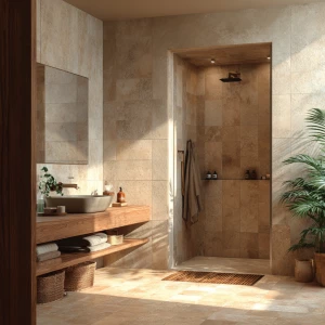 Generate a realistic image of a compact beige bathroom interior...
