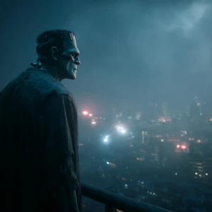 "A wide cinematic shot from a live-action 1990s sci-fi movie. Fr...