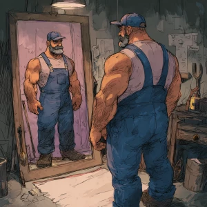 Generate an image of a muscular and hairy handyman without a shi...