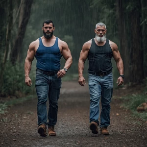 Generate an image of two men bodybuilders in Derby walking in th...