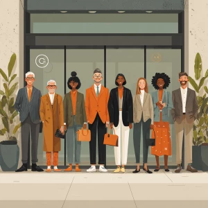 Capture a scene where 10 diverse employees are standing confiden...