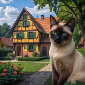 make an image  of a German house with a garden and a Siamese cat...