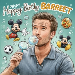 banner states “Happy Birthday Barrett”; decorations: blowing soa...