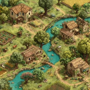 A beautiful 2D moral story village, rendered in a charming carto...
