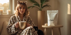 A warm, atmospheric scene in a cozy aesthetic:
A woman with chin...