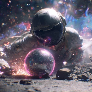rain-slick pavement lies a mysterious spherical device, spinning...