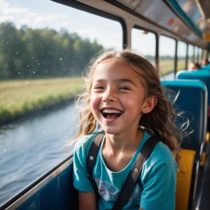 A tweenage girl on bus laughter and excitement at a vibrant   th...