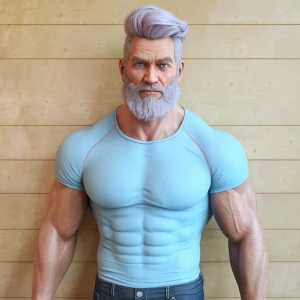 A confident older man with pastel lavender hair styled in a mode...
