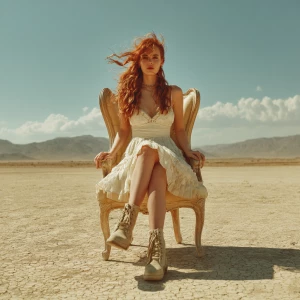 Redhead supermodel sitting on a luxury chair in the middle of th...