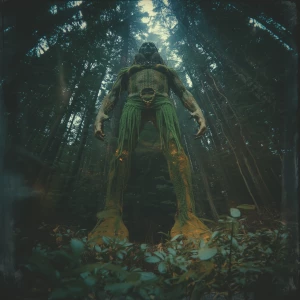 In a dimly lit forest clearing, a towering, otherworldly arcane...
