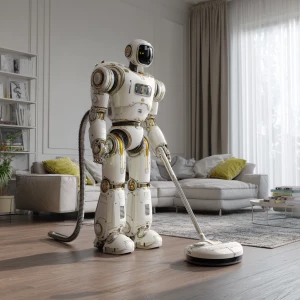 Humanoid robot vacuuming a living room floor.