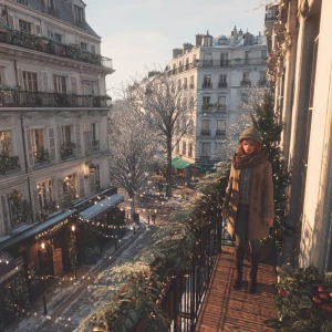 A Parisian balcony on a serene Christmas morning, overlooking th...
