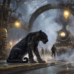 At a colossal steampunk train station filled with fog and clatte...