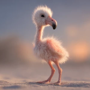 A baby flamingo chick standing on soft beach sand, ultra-realist...