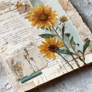 Sunflower junk journal page, layered vintage paper collage, asse...