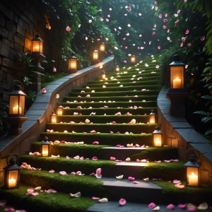 Explore the enchanting Velvet Moss stairwell: A stone staircase...