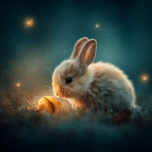 adorable baby rabbit discovering a softly glowing golden carrot...