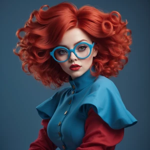 Design a character of a stylized woman with vibrant red, volumin...