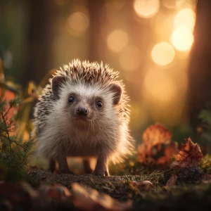 adorable but realistic baby hedgehog named Henry standing in a f...