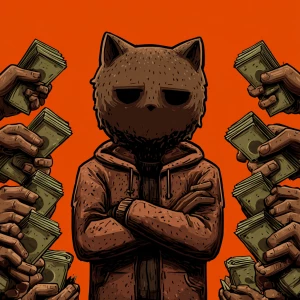 A humanoid cat character with a brown fur body, standing with ar...