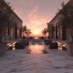 Create an image of an outdoor courtyard featuring marble floorin...