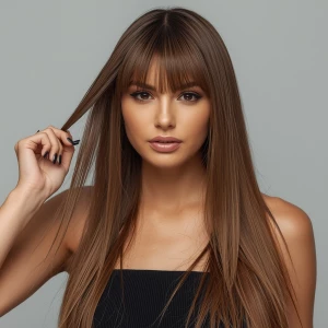 A gorgeous woman with long straight hair is trimming her bangs a...