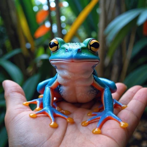Photo realistic, best quality,  a colorful tree frog sitting in...