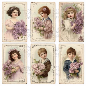 Victorian Mauve Rose Portraits – 6 Cards (Children with Bouquets...