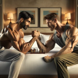 Two muscular male bodybuilders engaged in an intense arm-wrestli...