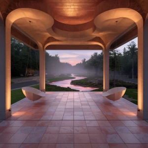 Visualize entering the Sunspill Pavilion at dusk, a serene retre...