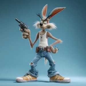 3d wile e coyote dressed in a wife beater t shirt, blue jeans, t...