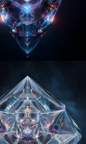 an asymmetrical transmutational god materializes from a crystall...