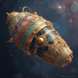 A whimsically ornate rococo-inspired deep space probe floats gra...