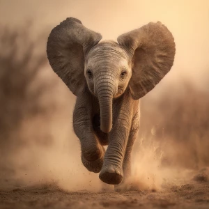 A baby African elephant named Ember, running joyfully toward the...