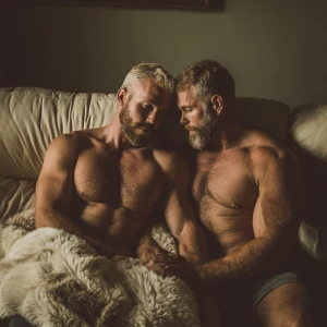 Two muscular men with blond hair and beards, both showcasing wel...