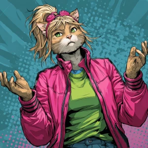 A humanoid cat character with light blonde fur, styled in a high...