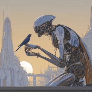 Retro-futuristic concept art. A sleek, chrome-plated robot with...