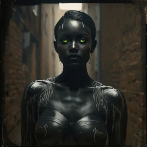 In the damp, dimly lit alley, a sultry tech-savvy siren poses fo...