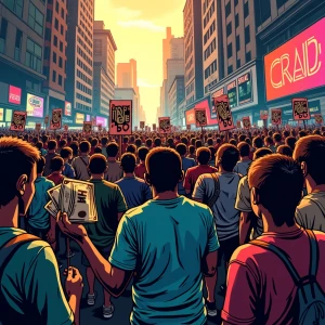 crowd of iconic meme characters protesting in the streets holdin...