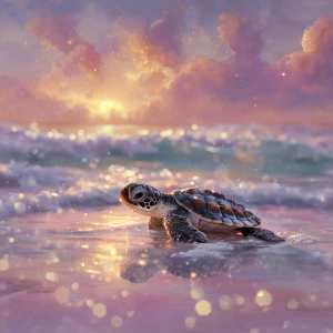 A baby sea turtle named Tika making its way across the damp, yie...