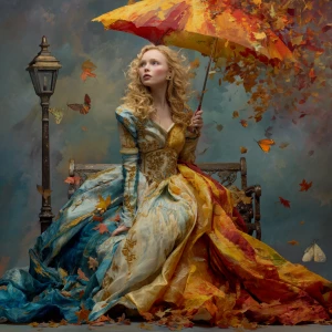 A woman stands elegantly on a park bench, holding a vibrant umbr...