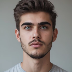 Generate me a photo of a guy, 20 years old, who has a soft squar...