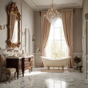 Generate a realistic image of a spacious classic bathroom featur...