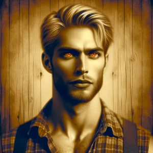 Handsome blonde hair stoic very athletic tall lumberjack orange...