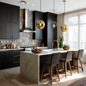 Create a 16:9 aspect ratio image of a modern Scandinavian kitche...