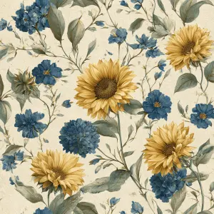 flat 2D surface design, vintage sunflower and blue wildflower pa...