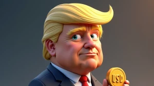 Generate a realistic 3D image of Trump with a coin designed in a...