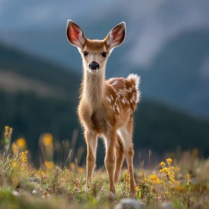 Baby white-tailed fawn with delicate white spots standing in a C...